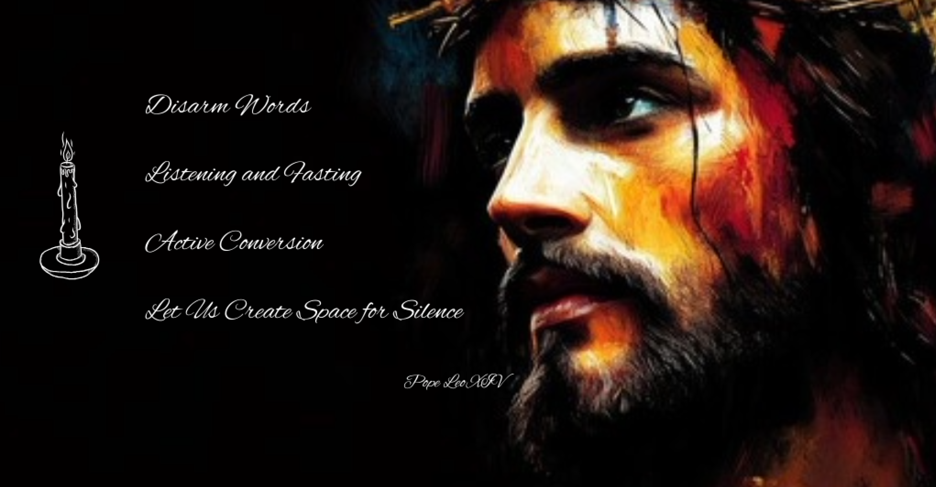 JESUS ON THE RIGHT HAND SIDE OF THE IMAGE WEARING A CROWN OF THORNS AGAINST A BLACK BACKGROUND