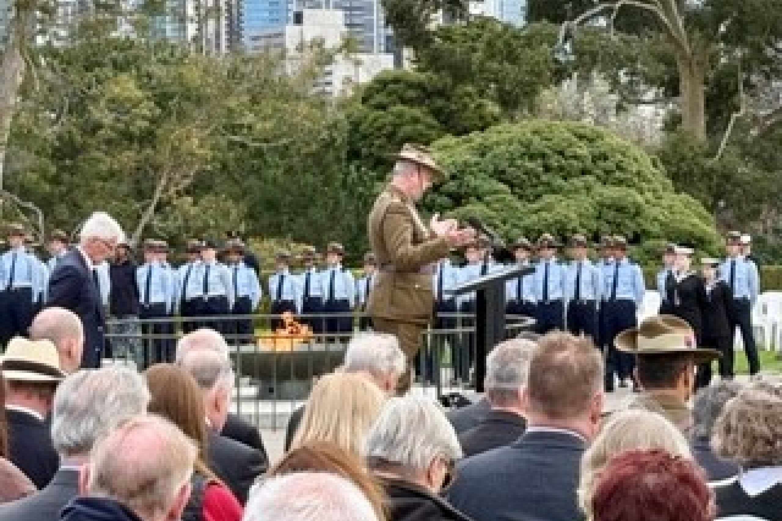 Fr Brendand QUirk saying the Prayer at the official annual Battle for Australia Commemoration ceremony at the Shrine of Remembrance in Melbourne Victoria Australia