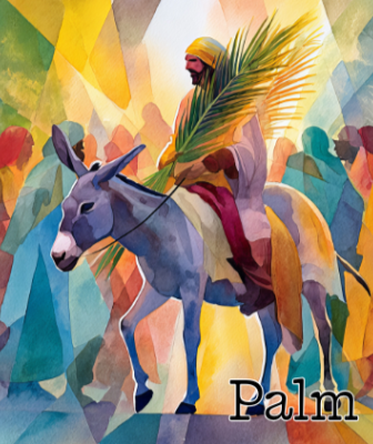 Palm Sunday 2026 procession with Jesus on a donkey hold a large palm leaf surrounded by multiple colour and people in the backgrounds