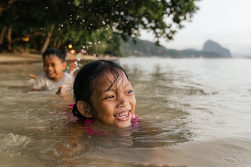 Two kids swimming in river